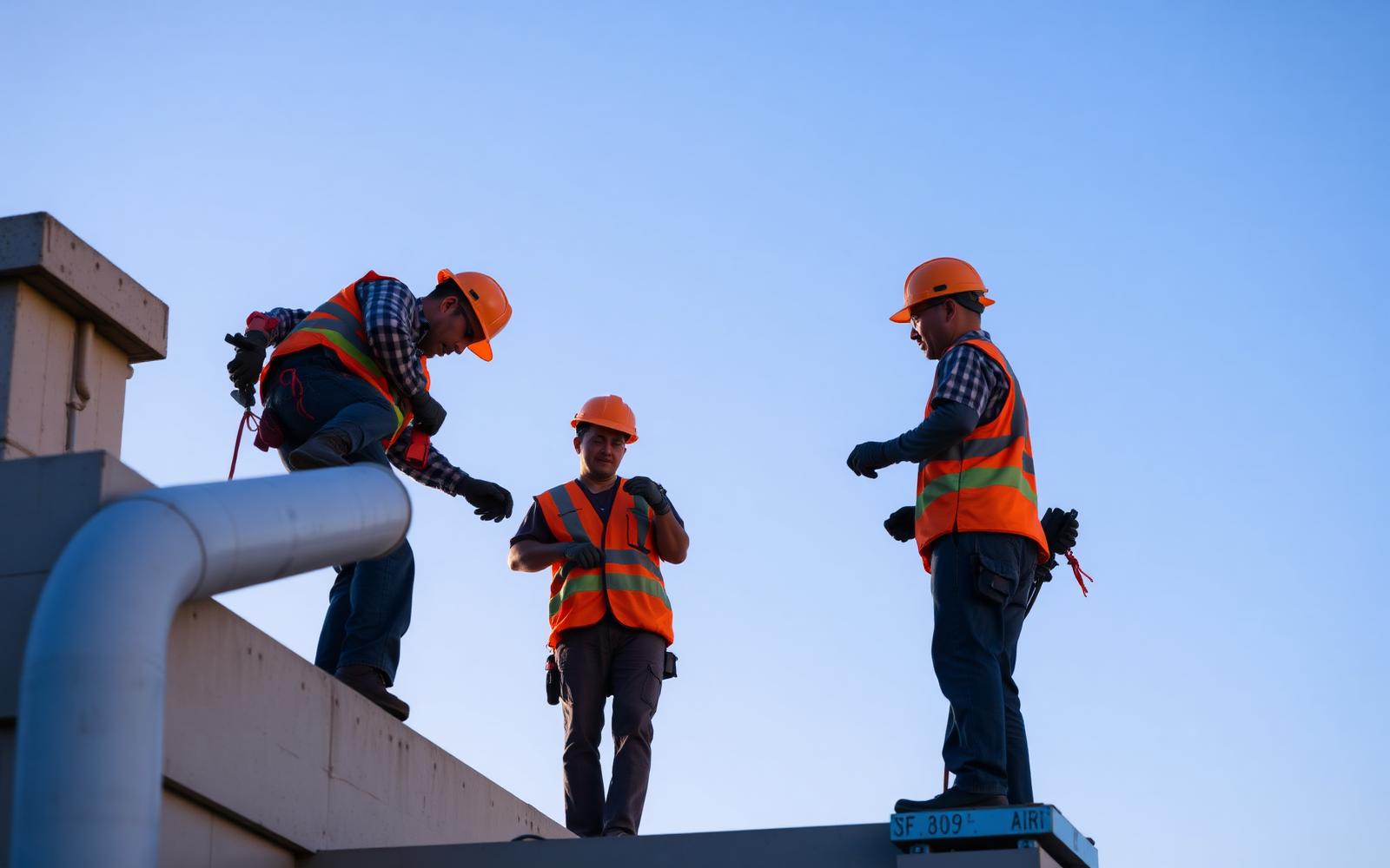 Balaram Shee crew installing plumbing systems on a rooftop